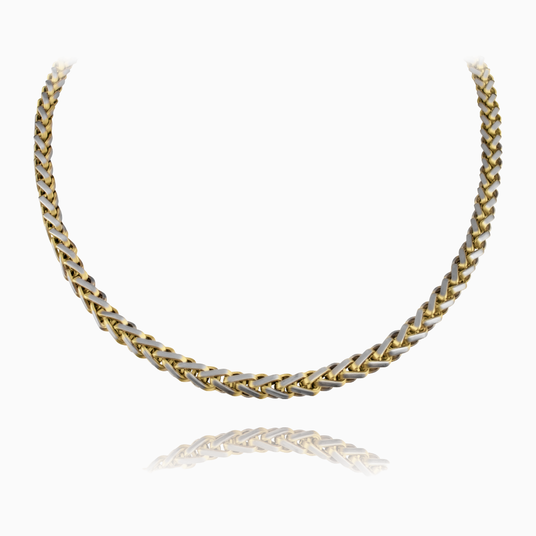 Guld wheat chain-halskedja med glänsande flätad struktur, frilagd mot vit bakgrund.
#en:color_gold,sv:farg_guld