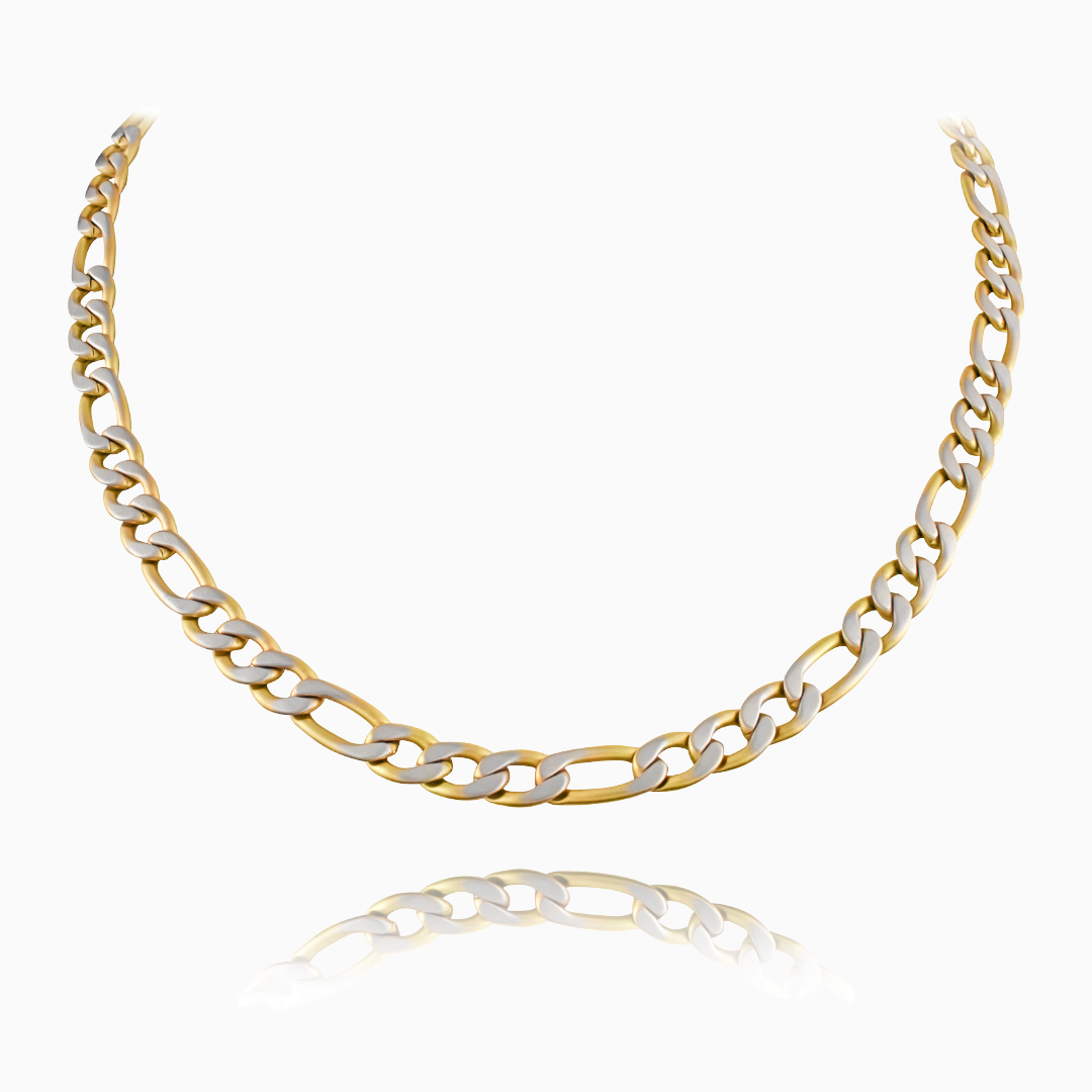 Guld-silver figarokedja med glänsande finish, frilagd mot vit bakgrund med spegling.#en:color_gold,sv:farg_guld