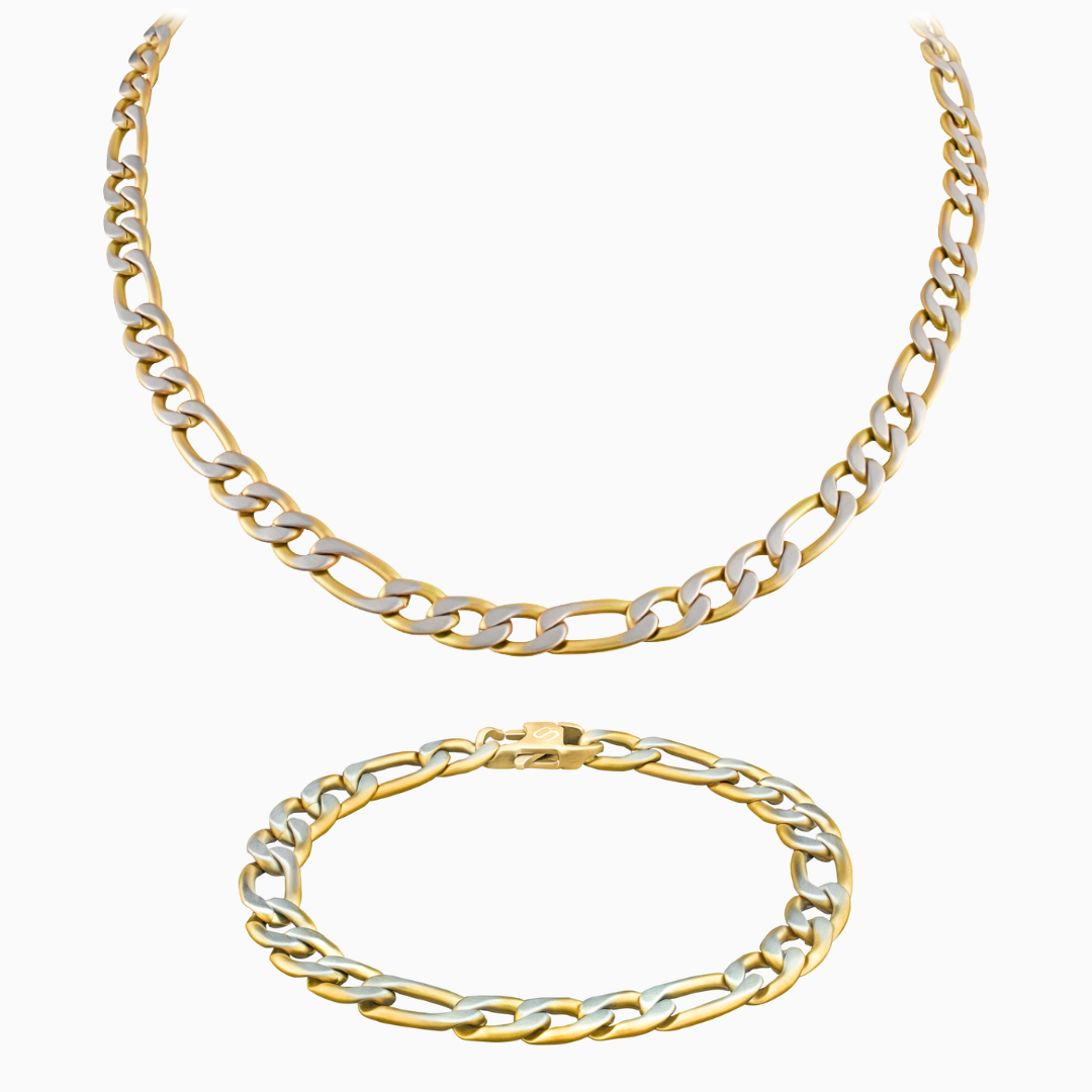 Guldpläterat Figaro-set med halskedja och armband mot vit bakgrund – klassiskt och maskulint.
#en:color_gold,sv:farg_guld