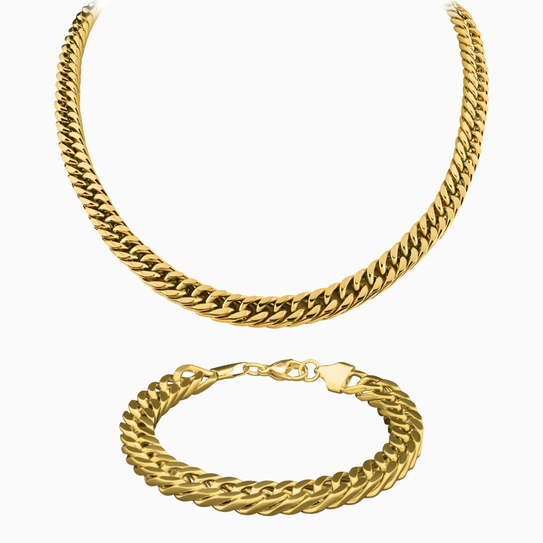 Guldpläterat cuban link-set med halskedja och armband mot vit bakgrund – klassisk statement-stil.#en:color_gold,sv:farg_guld