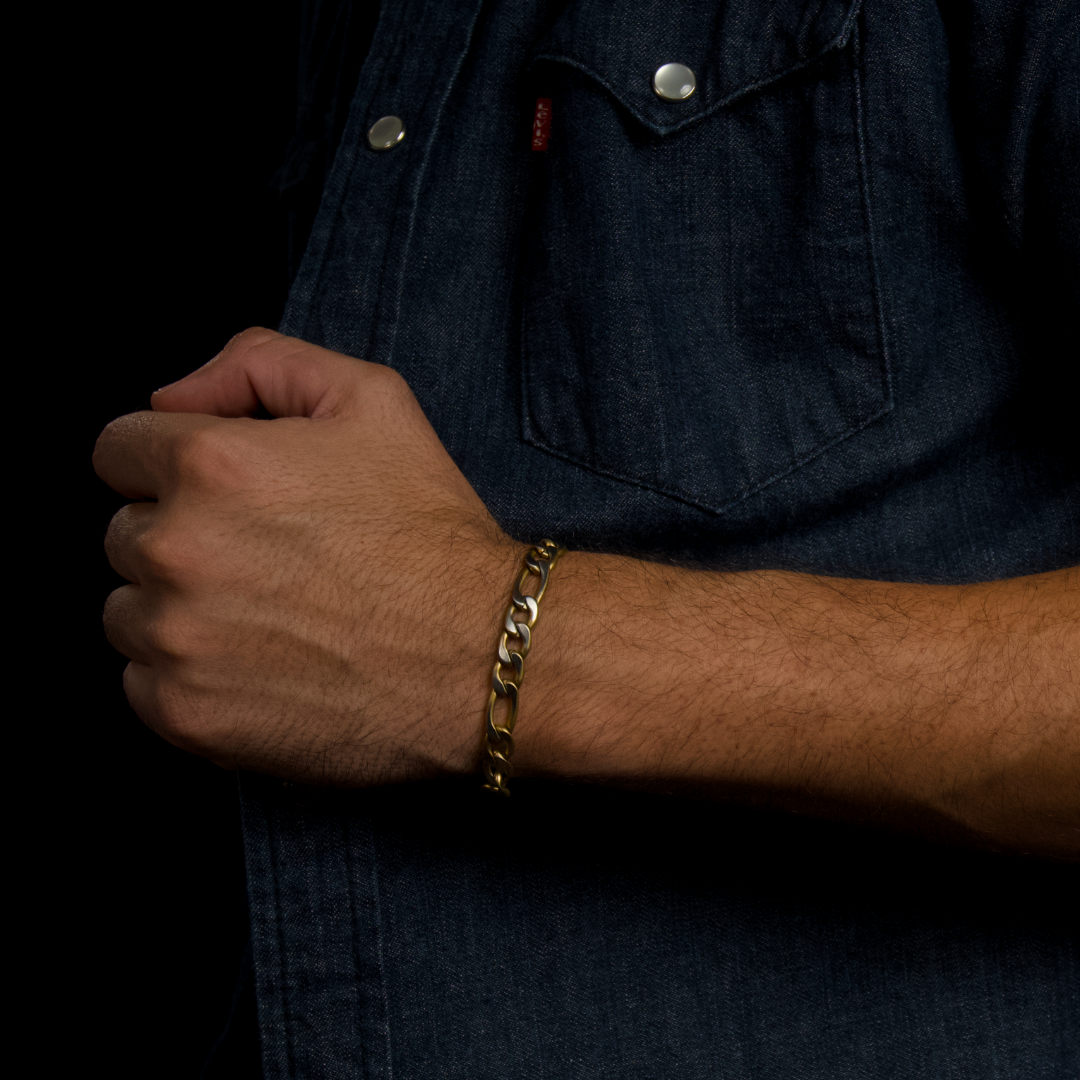 Närbild på man som justerar skjortan, armbandet framhävs i varm belysning.
#en:color_gold,sv:farg_guld