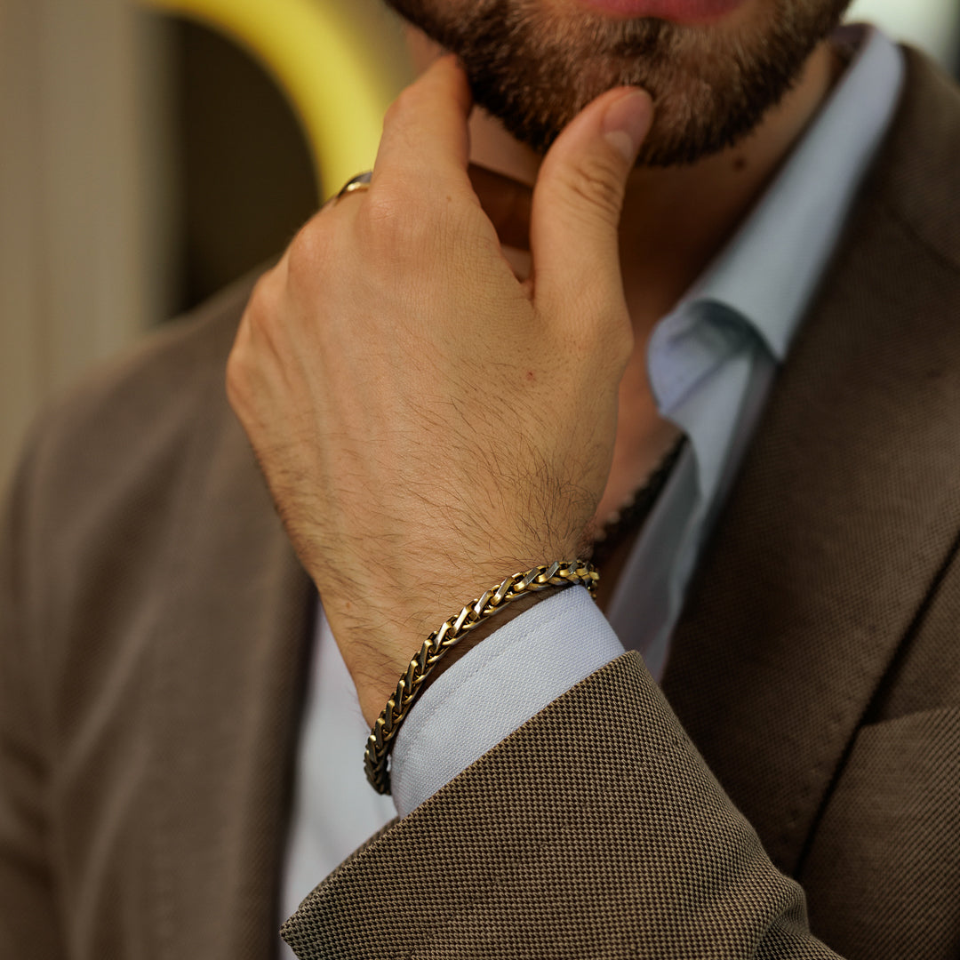Close-up of a person wearing a gold bracelet with a blurred background.
#en:color_gold,sv:farg_guld