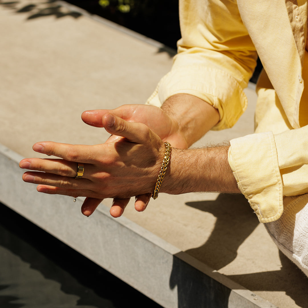 Person wearing a gold bracelet and ring with a yellow jacket outdoors.
#en:color_gold,sv:farg_guld