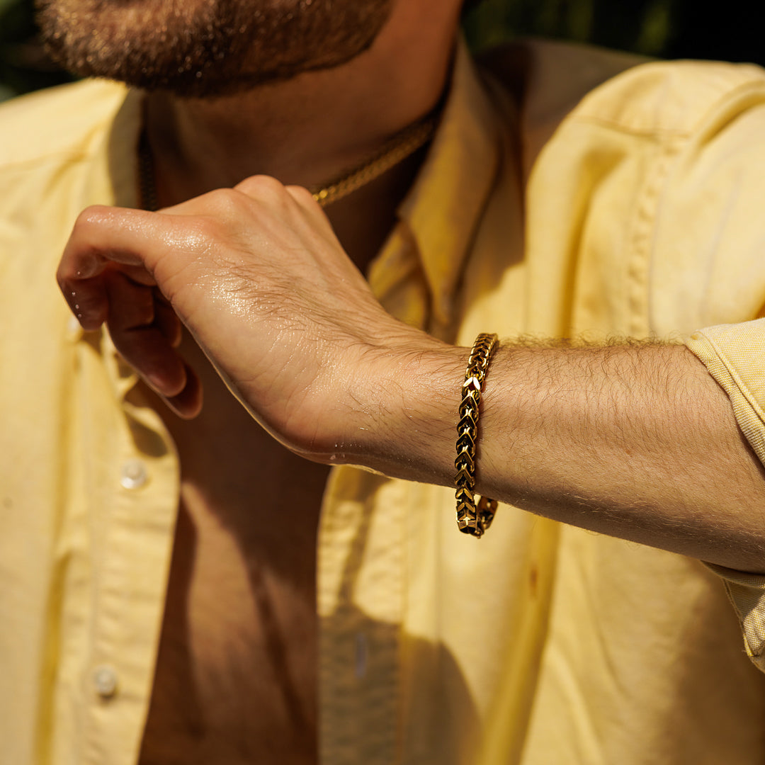 Close-up of a person wearing a gold bracelet on a yellow shirt background.
#en:color_gold,sv:farg_guld