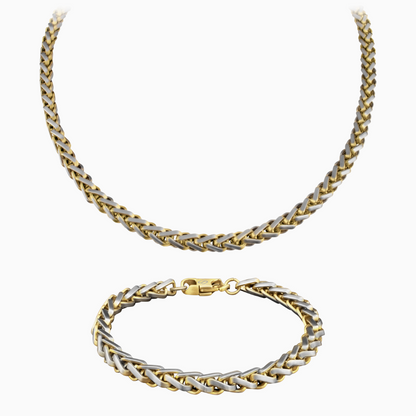 Tvåfärgat wheat chain-set med halskedja och armband i guld och silver mot vit bakgrund – stilrent och iögonfallande.