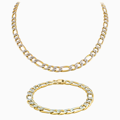 Guldpläterat Figaro-set med halskedja och armband mot vit bakgrund – klassiskt och maskulint.
