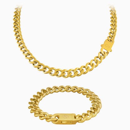 Guldpläterat halsband och armband i cuban link-stil mot vit bakgrund – kraftfullt och elegant set.
