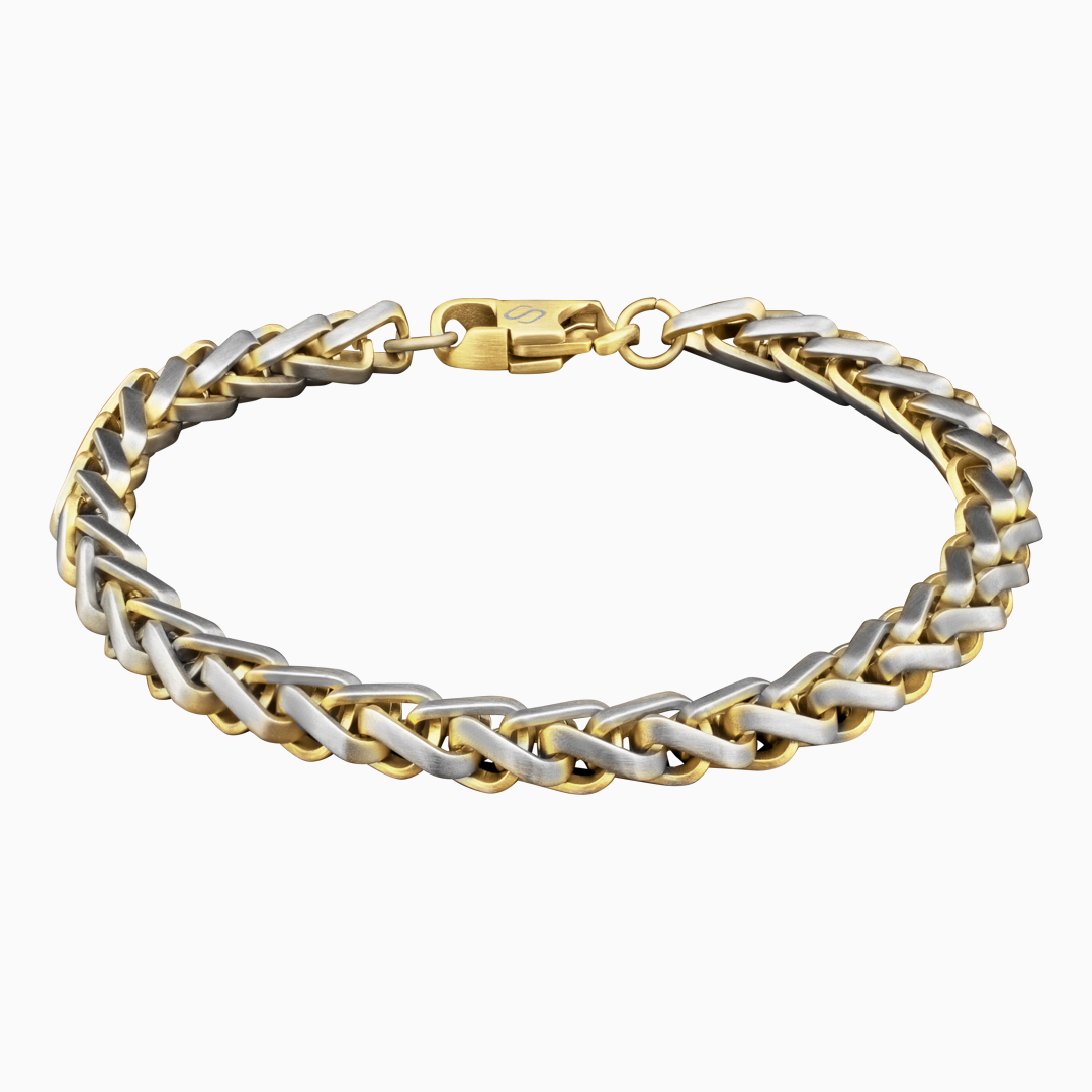Tvåtonat armband i guld och silver mot vit bakgrund.